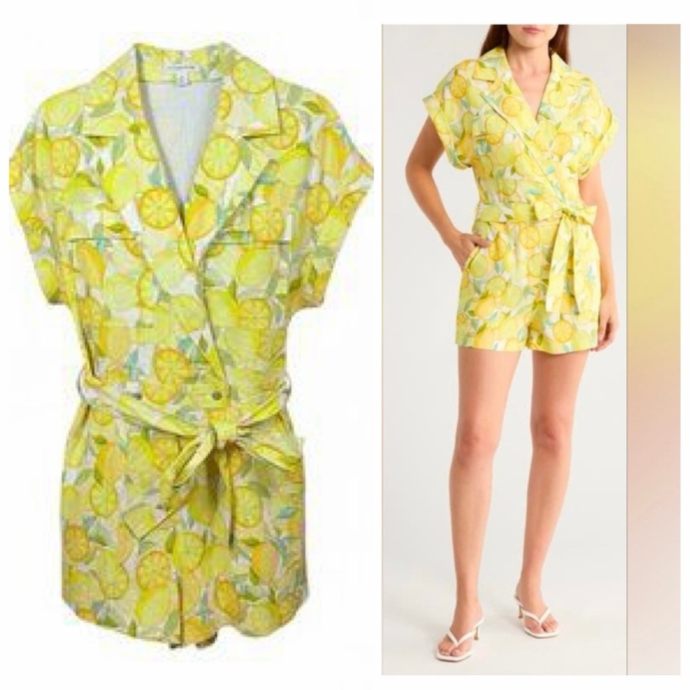 Avec Les Filles Lemon print Wrap Tie Waist Linen blend Vacation Romper Sz 8